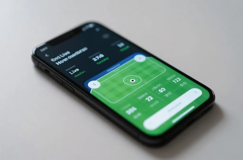 A close-up of a modern smartphone displaying real-time live soccer match statistics and score updates, glowing screen, professional sports app interface